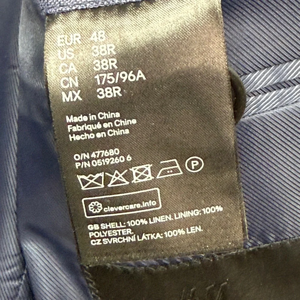 H&M Blazer Mens 38R Blue 100% Linen Slim Fit Two Button Sport Coat Jacket